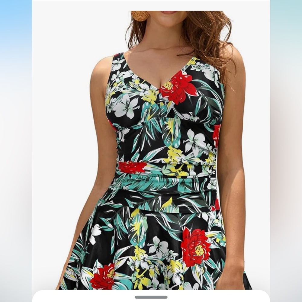 🚘Tropical Black and Red One Piece Swimsuit with V-Neckline retro swim dress